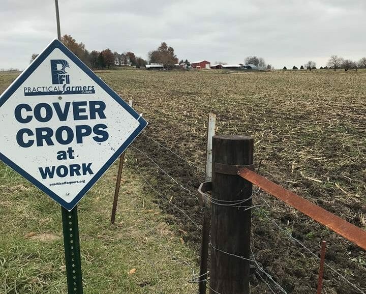 Cover Crops at work signage that can be seen from the roadway