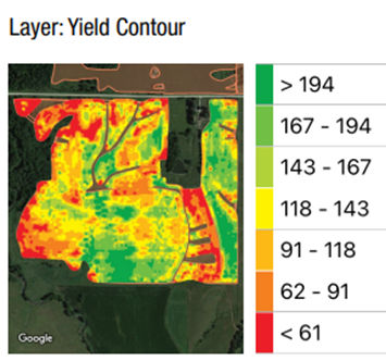 Yield contour graph representing corn yield in 2022 on a farm in Madison County, Iowa. 