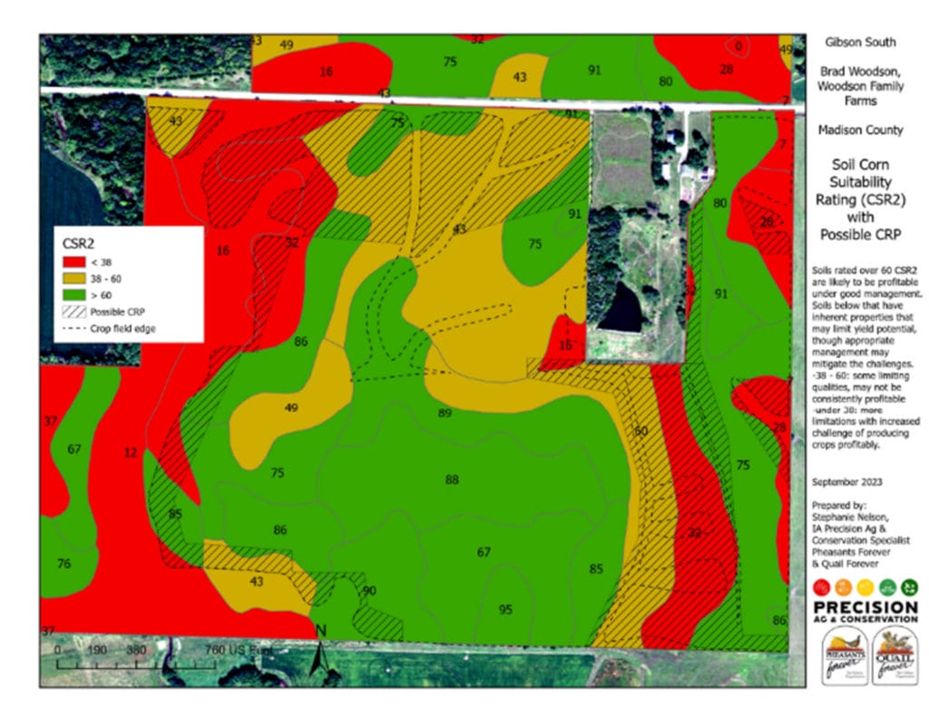 Soil map with low CSR2 areas shaded in red and yellow.