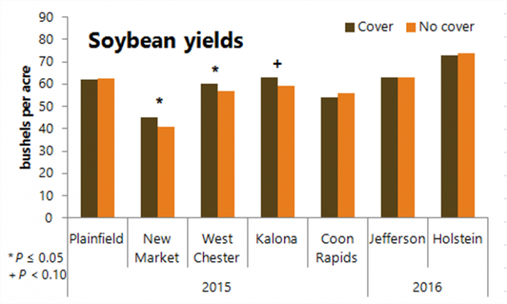 Figure 2. Soybean yields in 2015 and 2016 as affected by the cereal rye cover crop.