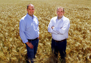 Two men in collared shirts smile in a field of golden wheat that comes up to their knees