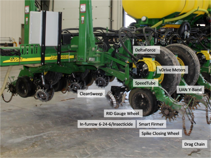 A green and yellow john deere corn planter in a shop labelled with parts such as DeltaForce, UAN Y-Band, Spiked Closing Wheel, and drag chain